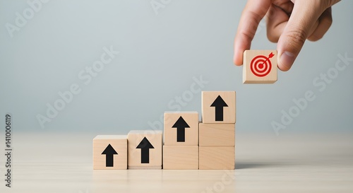 Mano sosteniendo un bloque de madera con una diana y una flecha hacia arriba sobre un fondo de mesa. Objetivo de logro empresarial, meta y progreso del proyecto, crecimiento, valor, procesamiento, mar