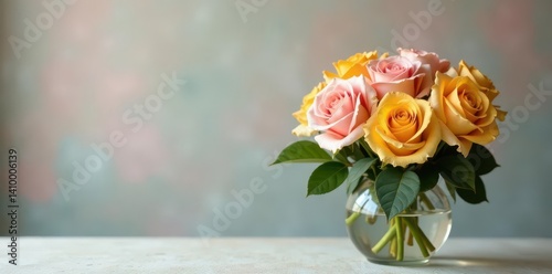 Pink and yellow roses in a glass vase Elegant floral arrangement , bouquet, rose bouquet