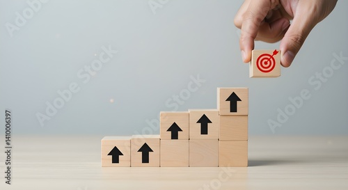 Mano sosteniendo un bloque de madera con una diana y una flecha hacia arriba sobre un fondo de mesa. Objetivo de logro empresarial, meta y progreso del proyecto, crecimiento, valor, procesamiento, mar