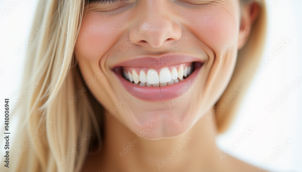 Macro view of a woman with sparkling white teeth, long blonde hair, and radiant skin, white background, tailored for beauty concepts. Macro view of a woman with sparkling white teeth, long blonde hair, and radiant skin, white background, tailored for beauty concepts.
