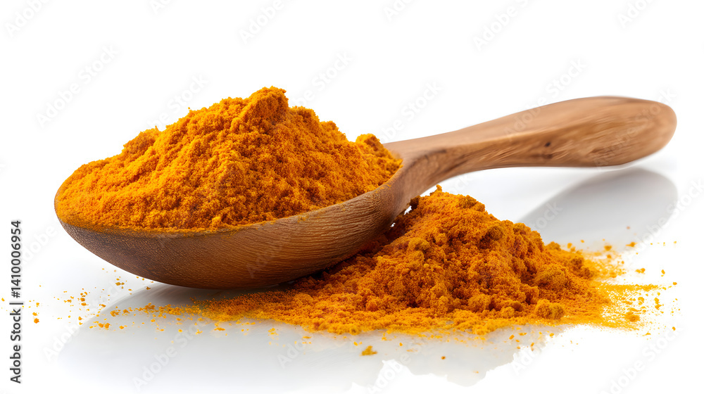 Close-up of vibrant turmeric powder in a wooden spoon, showcasing its rich color and texture. Close-up of vibrant turmeric powder in a wooden spoon, showcasing its rich color and texture.