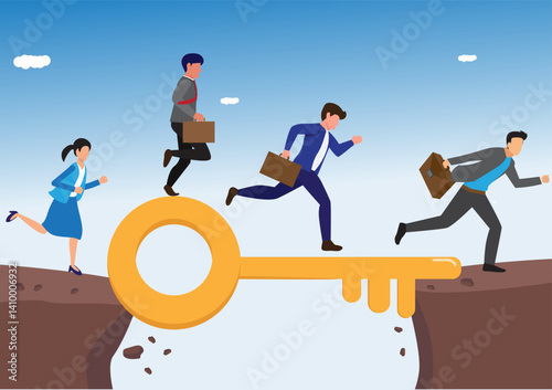 Key success, solution to solve problem and overcome obstacle, link or connect bridge to help achieve success, resolution method or resolve concept, business people walk on key success cross the gap.