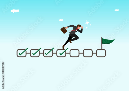 Project management, task tracking or work progress, tracking finish or completed tasks, planning or productivity concept, businessman project manager running on completed checkbox to reach goal.