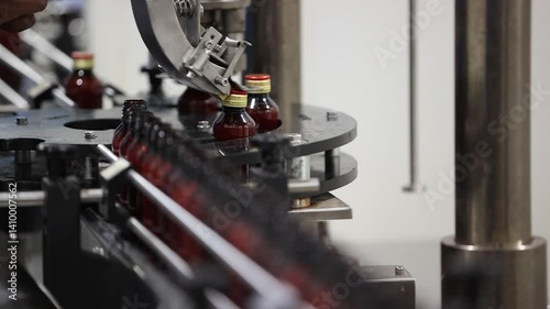 Rajkot, Gujarat, India 03 02 2025: Pharmaceutical syrup, ointment and medicine Manufacturing process cinematic view of syrup bottles leads locking process in the machine  