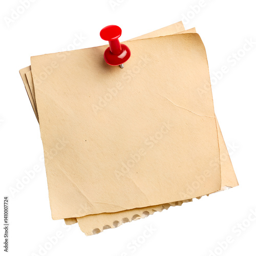 A red pin is stuck in a piece of paper. The paper is crumpled and torn, and the pin is sticking out of it. Concept of urgency and importance