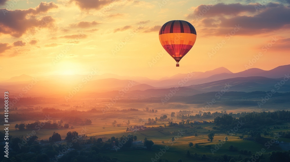 Obraz premium A hot air balloon soars above a valley at sunrise.