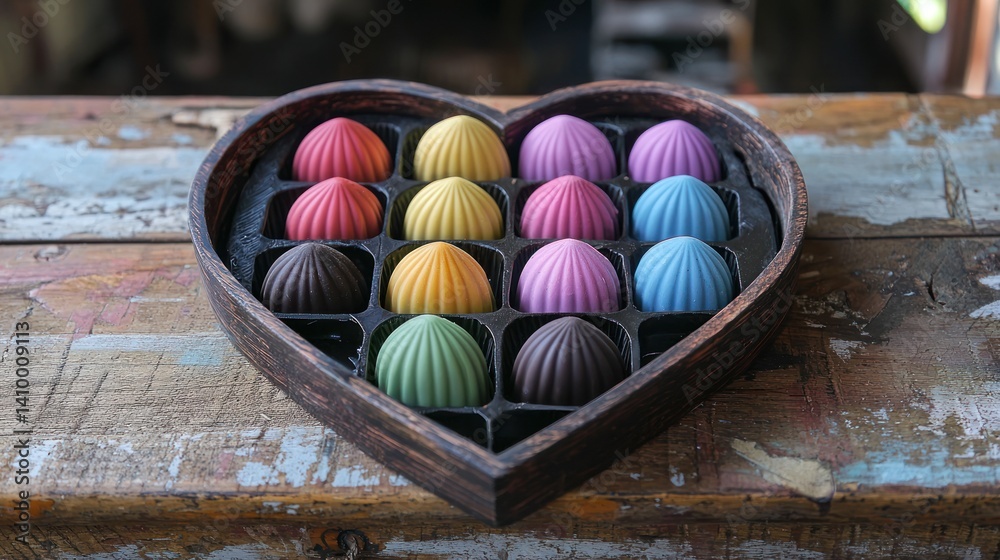 A heart-shaped box filled with colorful chocolates, placed on a table