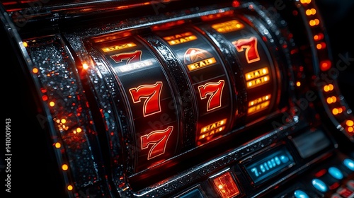 Close-up view of a slot machine with glowing sevens. photo