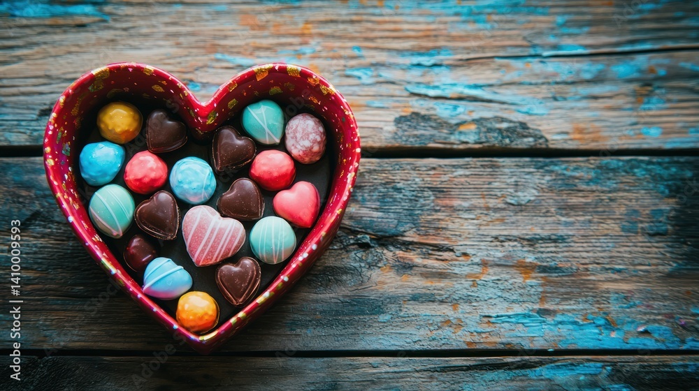 A heart-shaped box filled with colorful chocolates, placed on a table
