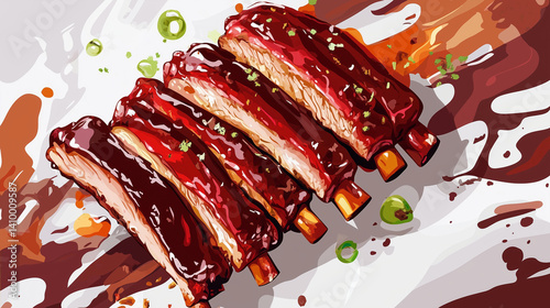 Barbecue pork ribs with sauce and green onions illustration

