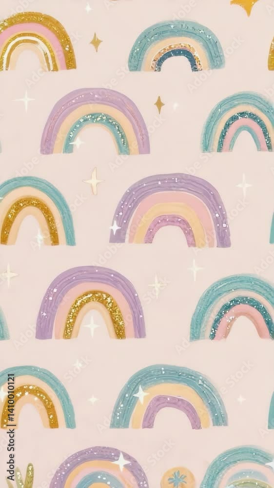 Seamless pattern of whimsical rainbows in pastel colors, adorned with stars and shimmering gold glitter accents on a delicate pink background Seamless pattern of whimsical rainbows in pastel colors, adorned with stars and shimmering gold glitter accents on a delicate pink background