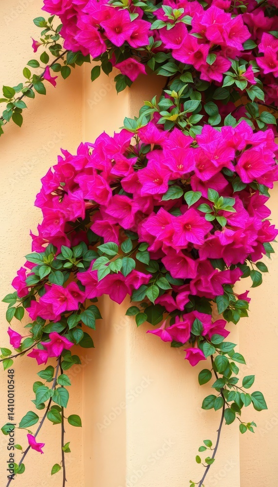 Vivid bougainvillea cascading over a beige wall corner, nature, rustic