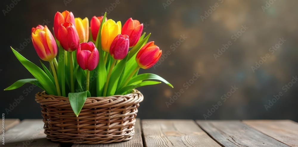 Vibrant tulips in woven basket, rustic wood table , basket, vibrant colors