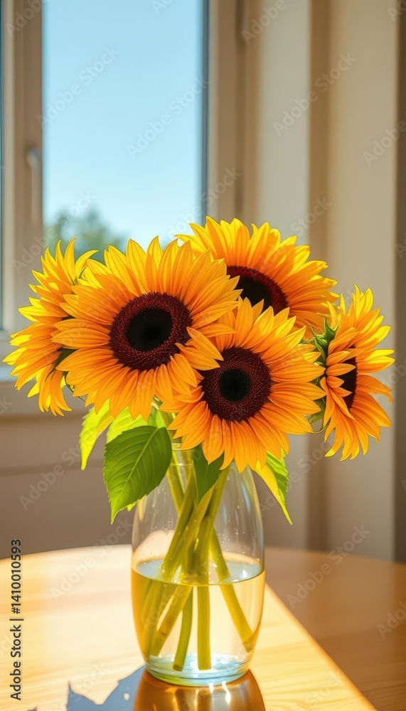 Vibrant yellow sunflowers in a clear glass vase, bathed in sunlight, garden, nature