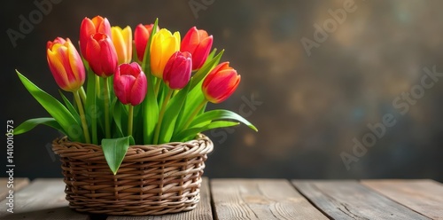 Obraz na płótnie Vibrant tulips in woven basket, rustic wood table , basket, vibrant colors w salonie