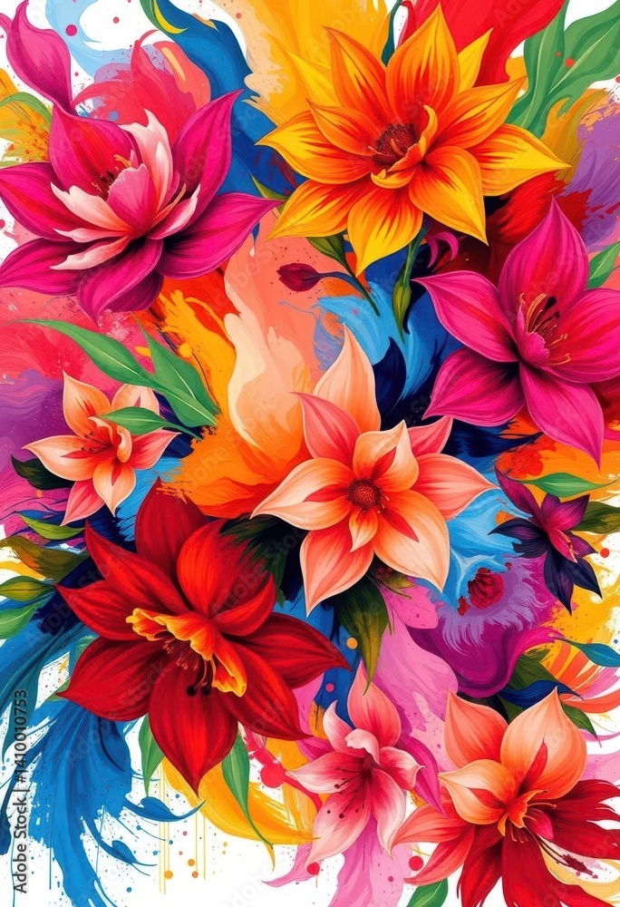 Abstract blooms in vibrant hues, swirling paint strokes create a dynamic floral backdrop, pattern, blossom, summer