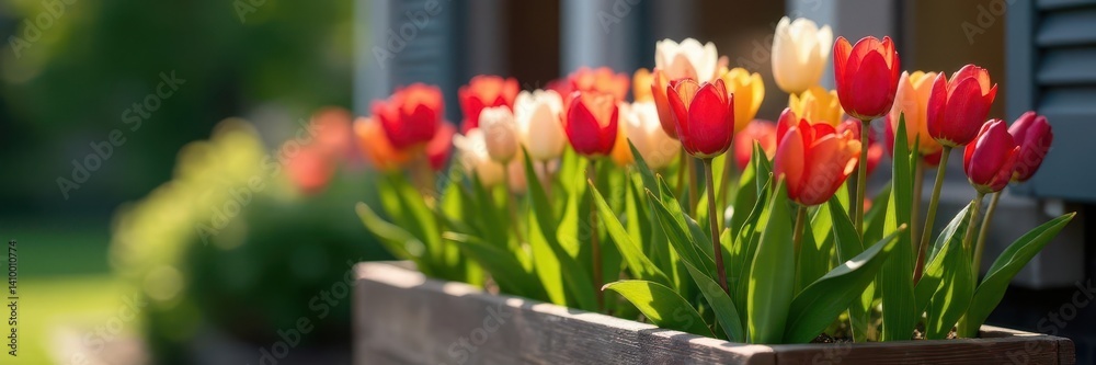 Wooden garden planter overflowing with tulips in full bloom , yellow, vibrant, plant