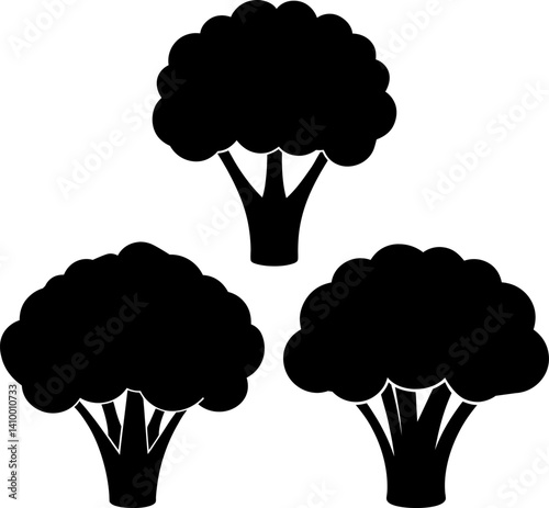 Broccoli art vectors and Set of black broccoli flat icon silhouette collections