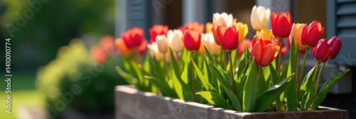 Obraz na płótnie Wooden garden planter overflowing with tulips in full bloom , yellow, vibrant, plant w salonie
