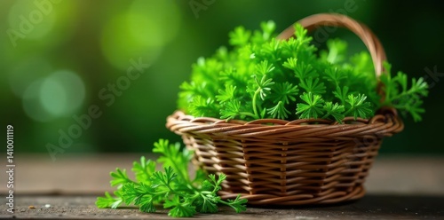 Abundant green dill and parsley in wicker basket , vegetarian, kitchen