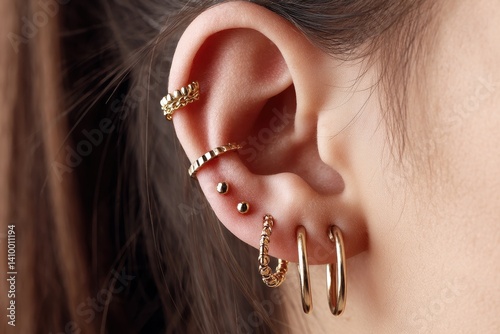 An image showcasing multiple ear piercings, including a rook, daith, and snug, with various sizes of hoops and studs
