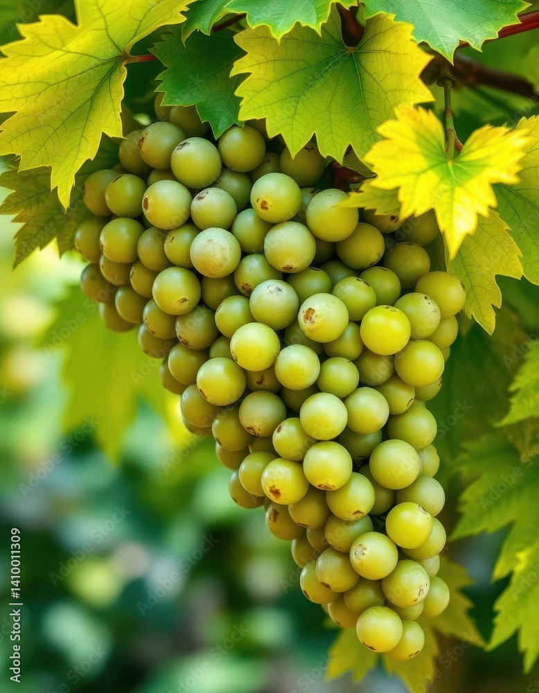 A lush cluster of green grapes with vibrant leaves, agriculture, texture, flora