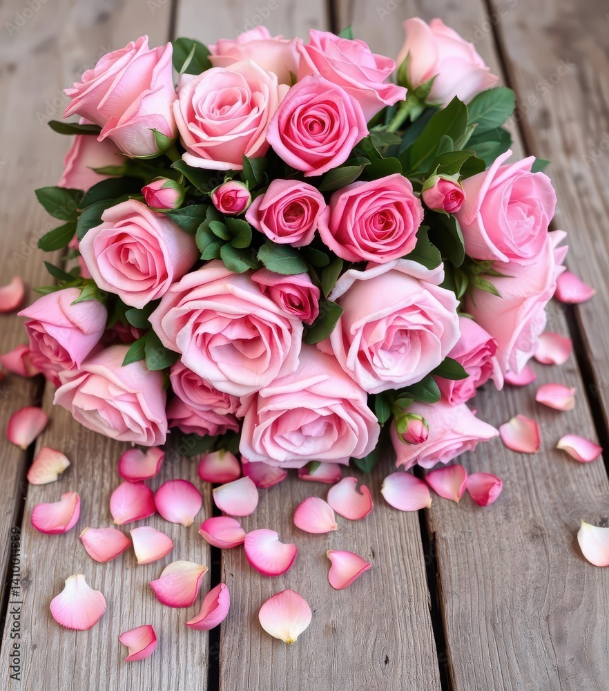 A lush bouquet of blush roses and scattered petals rests on weathered wood, petals scattered, natural, image
