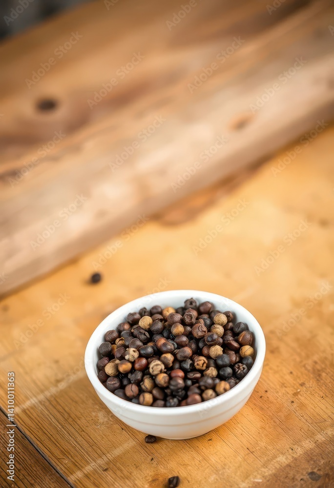 A rustic wooden table holds a simple bowl brimming with black peppercorns, baking, food photography, peppercorns