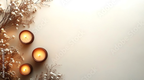 Lit Candles and Dried Flowers on Beige Background