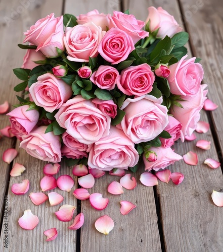 Obraz na płótnie A lush bouquet of blush roses and scattered petals rests on weathered wood, petals scattered, natural, image w salonie