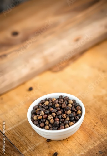 Obraz na płótnie A rustic wooden table holds a simple bowl brimming with black peppercorns, baking, food photography, peppercorns w salonie