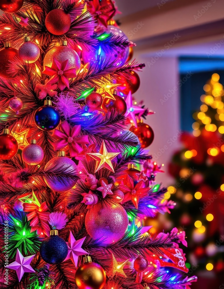 A vibrant, multicolored Christmas tree adorned with glittering ornaments and sparkling lights, holiday, bright, Xmas