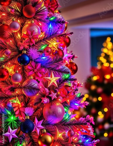 Obraz na płótnie A vibrant, multicolored Christmas tree adorned with glittering ornaments and sparkling lights, holiday, bright, Xmas w salonie