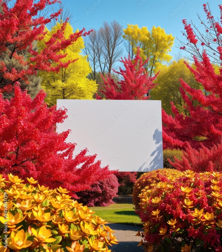 Blank white billboard nestled amongst vibrant spring foliage, advertisement, white billboard, advertising billboard