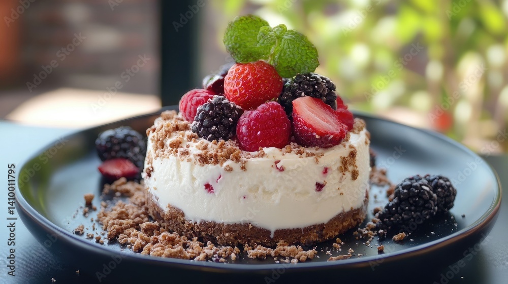 Dessert bliss unfolds with a decadent chocolate cake, drizzled with glossy ganache, served on a rustic table, tempting every sweet tooth with its rich, indulgent charm.