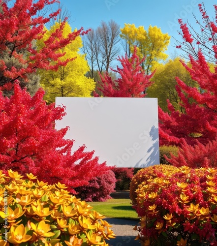 Obraz na płótnie Blank white billboard nestled amongst vibrant spring foliage, advertisement, white billboard, advertising billboard w salonie