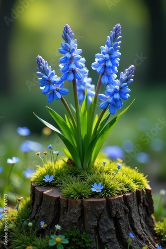 Blue spring bouquet on mossy stump, wildflowers surround , pastel, spring bouquet, woodland