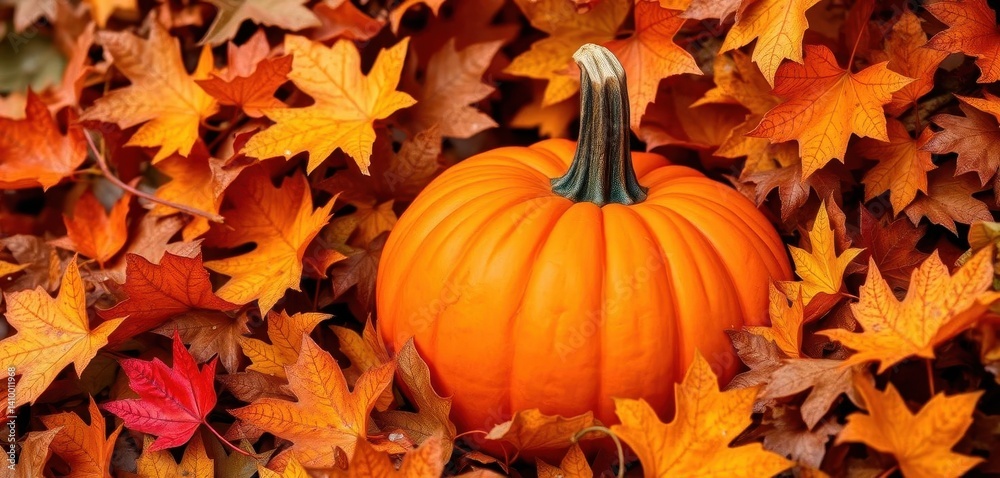 Bright orange pumpkin nestled amongst autumn leaves, vegetable, brown
