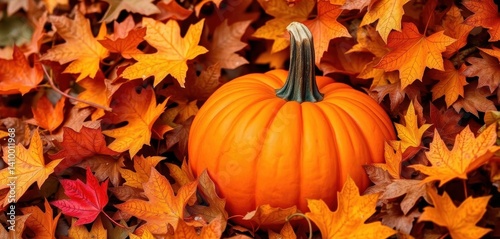 Obraz na płótnie Bright orange pumpkin nestled amongst autumn leaves, vegetable, brown w salonie