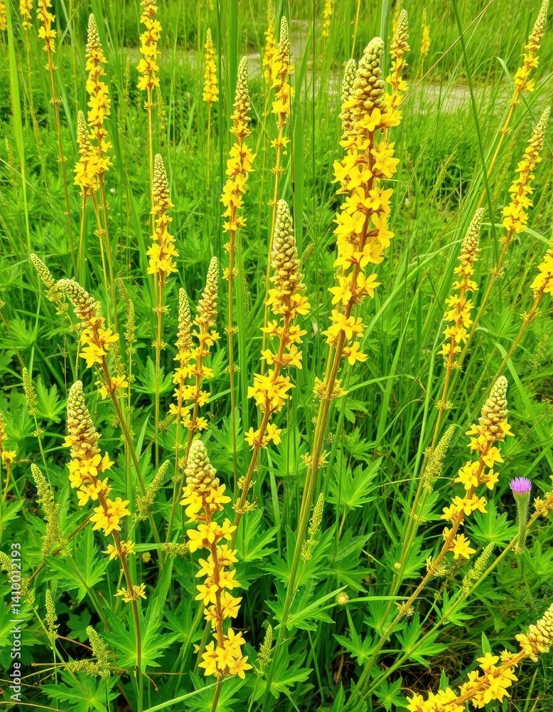Bushy upright stems, vibrant green foliage, tiny yellow blossoms Wildflower in full bloom, yellow, vertical, texture