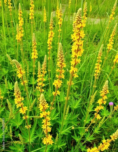 Obraz na płótnie Bushy upright stems, vibrant green foliage, tiny yellow blossoms Wildflower in full bloom, yellow, vertical, texture w salonie