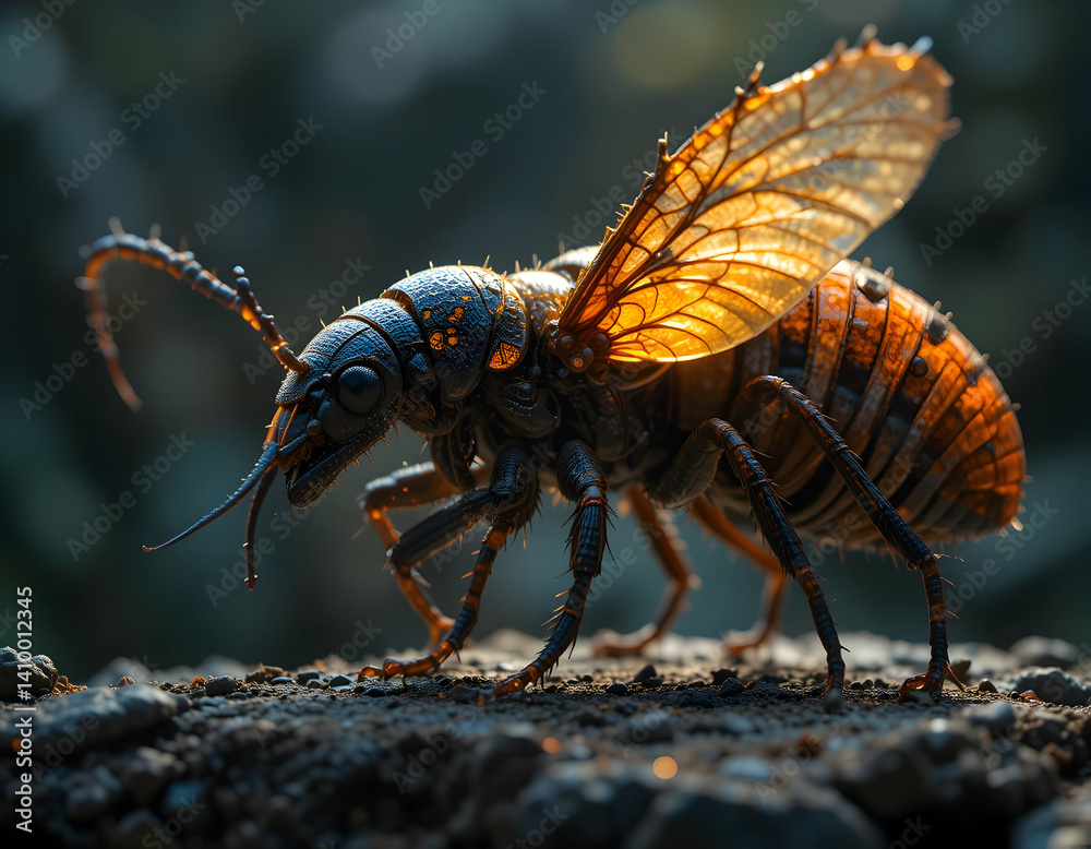 Fototapeta premium Winged Insect Crawling on the Ground in Detailed Macro Shot