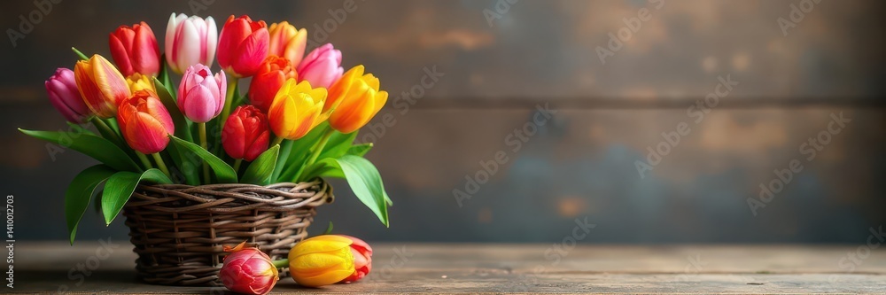 Colorful tulip arrangement in a rustic basket, wooden surface , blossom, decoration
