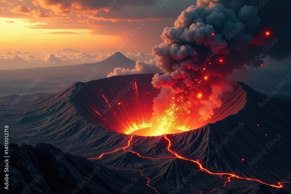 Crater with radiating shockwaves, debris flying, contrast, light