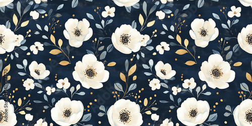 A seamless floral pattern featuring hand-drawn white flowers and golden leaves on a deep midnight blue background, perfect for elegant fabric or wallpaper designs.