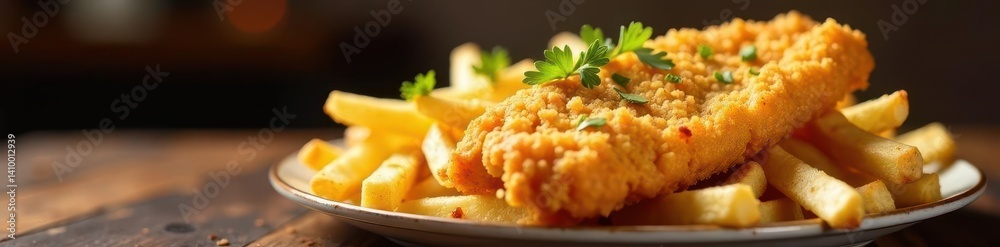 Crispy battered fish served with a generous portion of golden fries , dish, snack