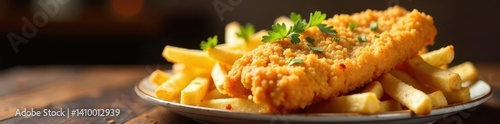 Obraz na płótnie Crispy battered fish served with a generous portion of golden fries , dish, snack w salonie