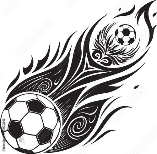 Soccer ball and Flame: A dynamic graphic illustrates a soccer ball ablaze with a stylized flame design, symbolizing speed and passion in the beautiful game, capturing its energetic essence.