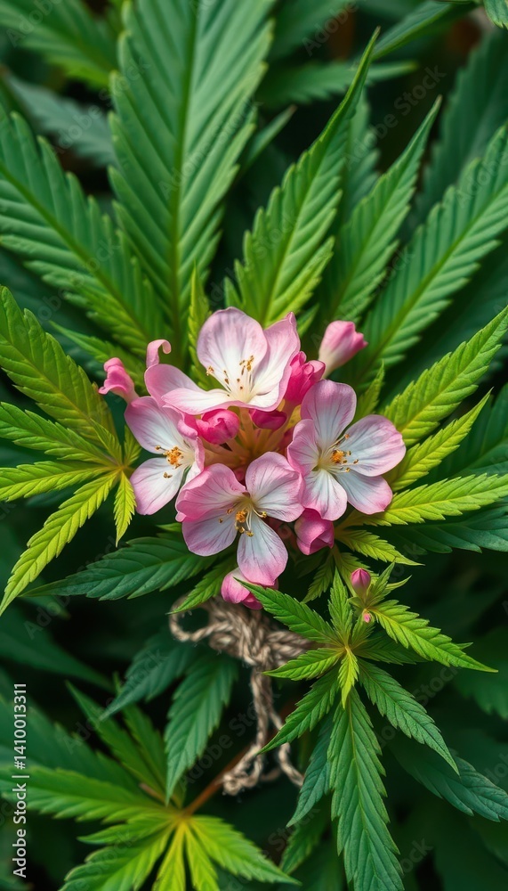 Delicate pink blossoms nestled amongst vibrant cannabis leaves, tied with twine, stock photo, royalty free