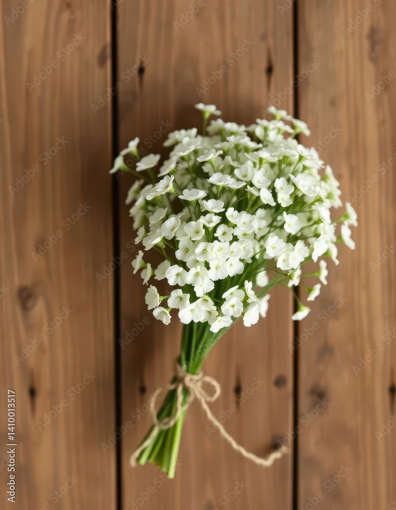 Delicate white gypsophila bouquet, twine-tied, on rustic wooden dowel, shabby chic, wooden dowel